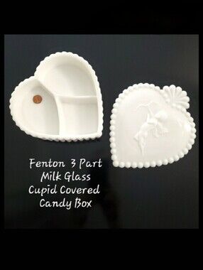 9" Fenton Milk Glass Heart Shaped Cupid Angel Cherub Candy Box